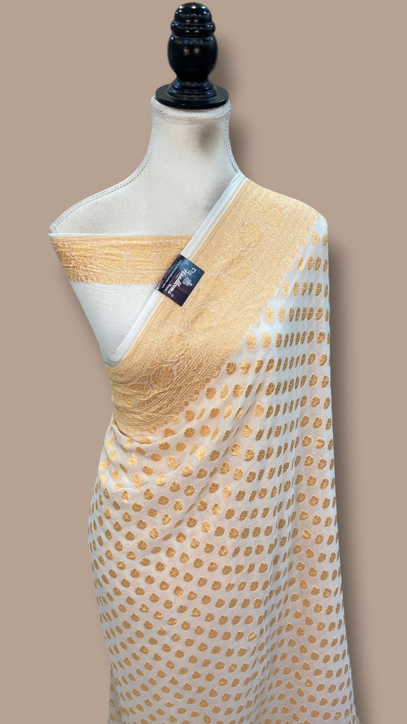 White Pure Khaddi Georgette Handloom Banarasi Saree