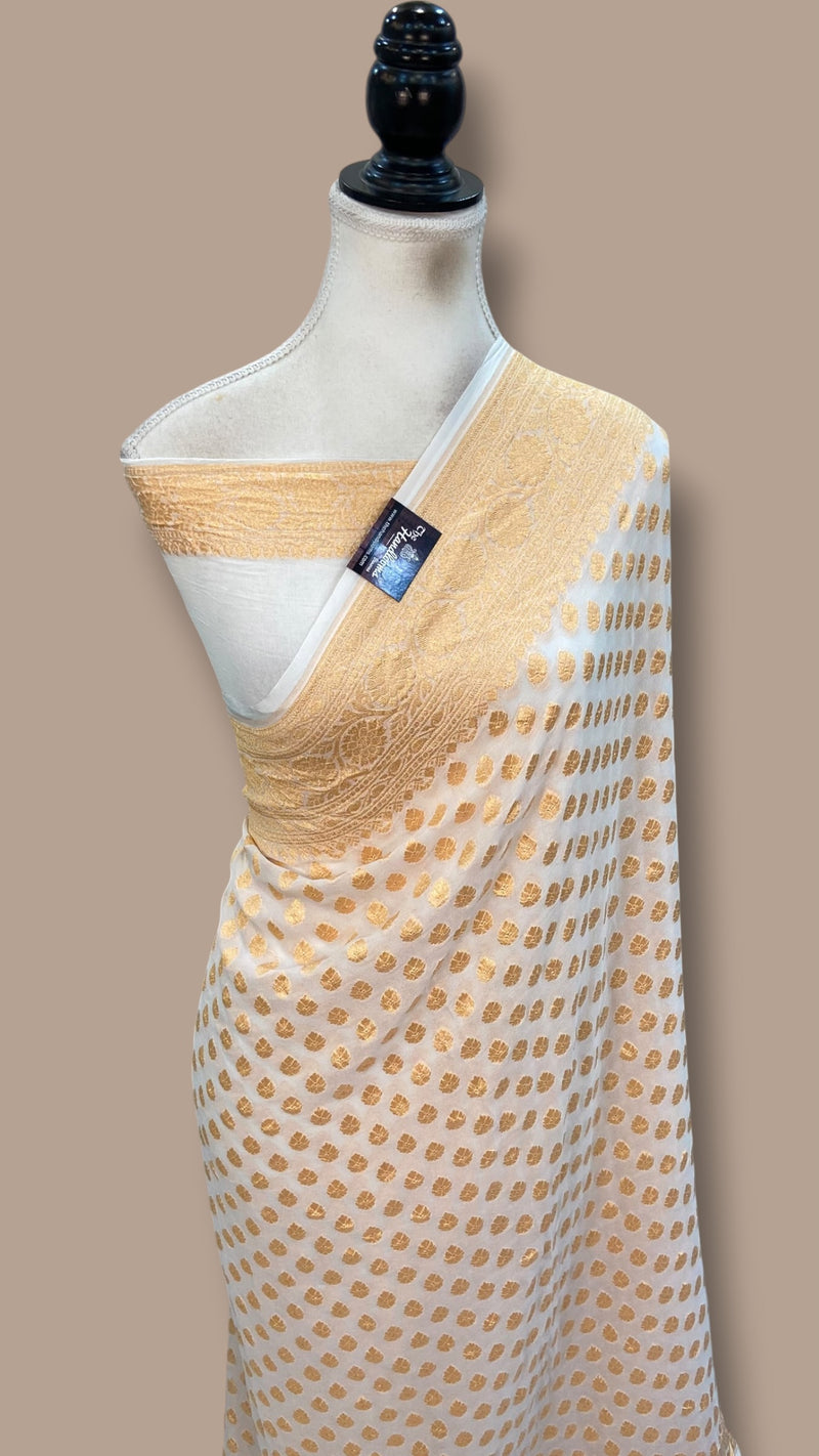 White Pure Khaddi Georgette Handloom Banarasi Saree