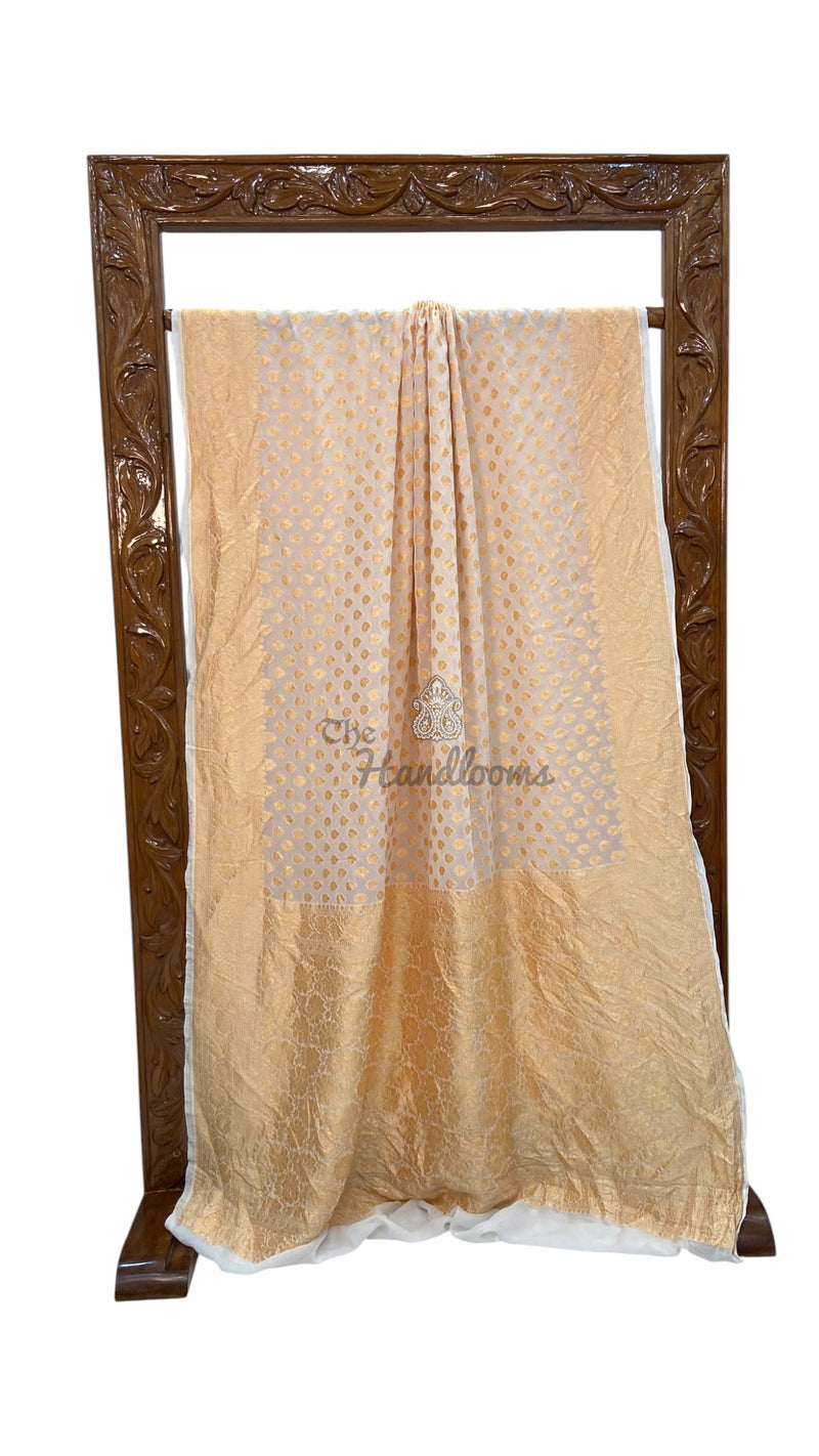 White Pure Khaddi Georgette Handloom Banarasi Saree