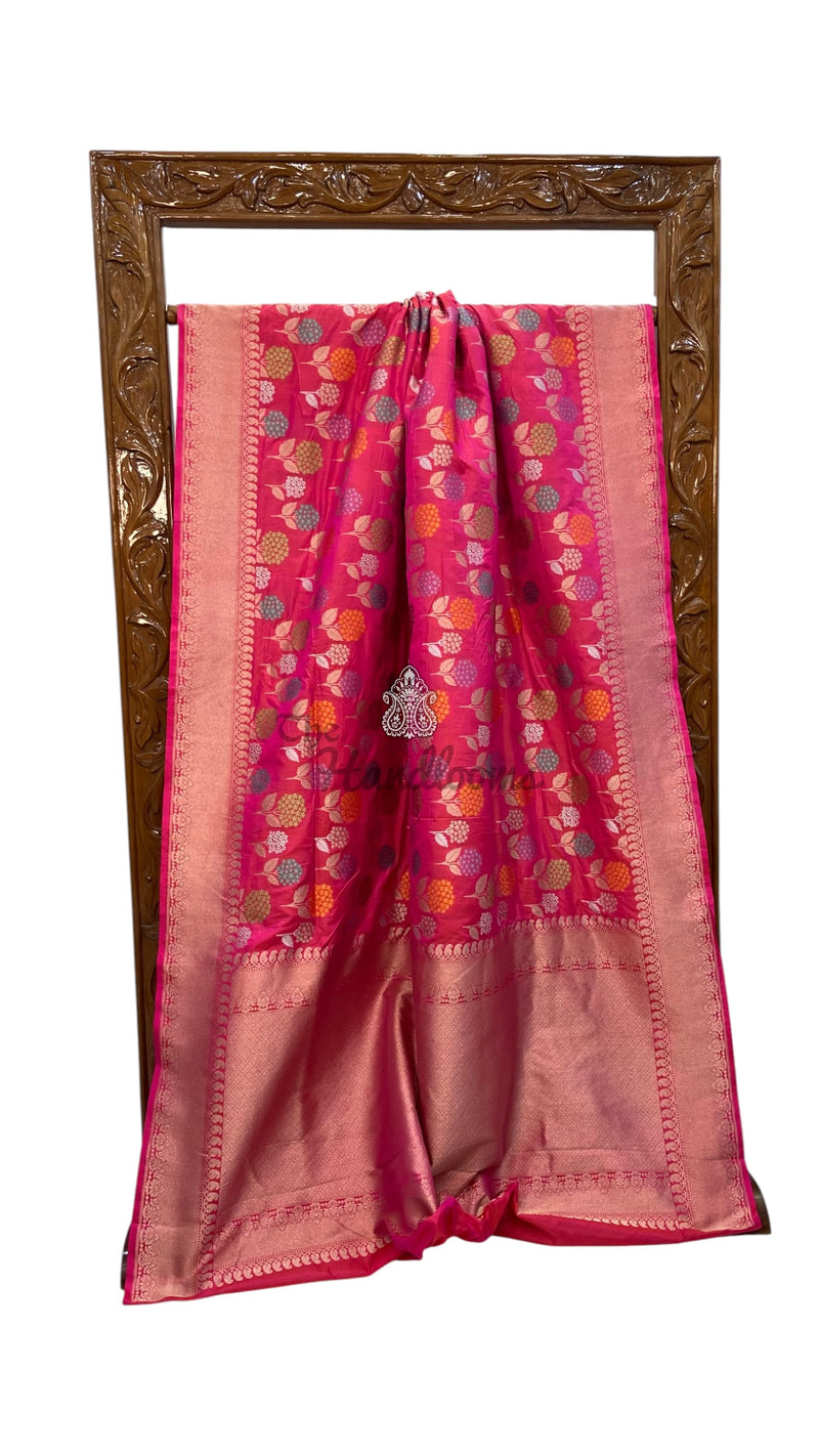 Hot Pink Pure Katan Silk Banarasi Handloom Saree - All Over Jaal Work With Meenakari
