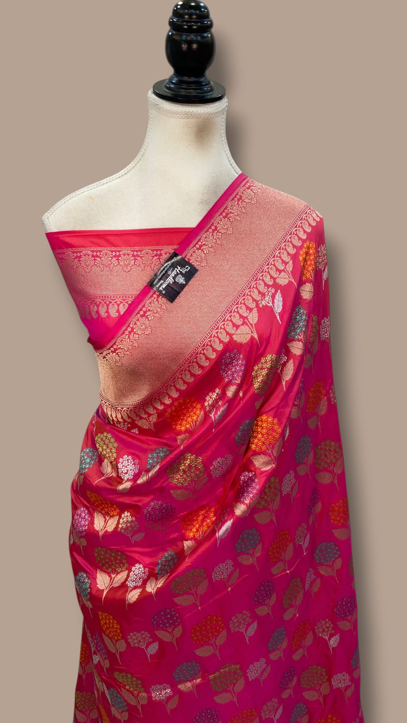 Hot Pink Pure Katan Silk Banarasi Handloom Saree - All Over Jaal Work With Meenakari