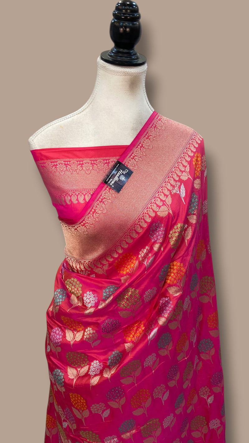 Hot Pink Pure Katan Silk Banarasi Handloom Saree - All Over Jaal Work With Meenakari