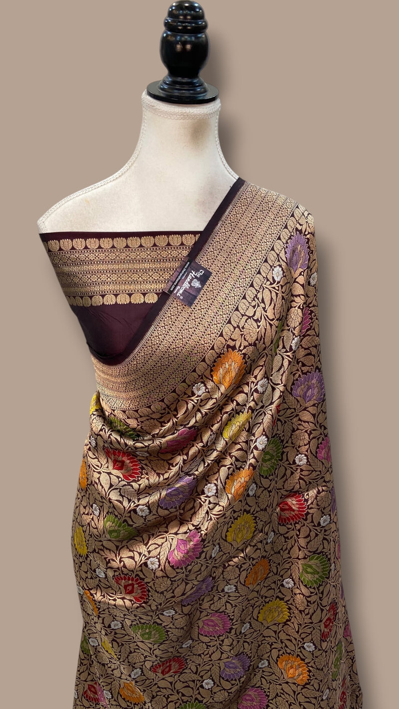 Coffee Bean Regal Pure Katan Silk Banarasi Saree – Handwoven Tanchui Brocade With Meenakari
