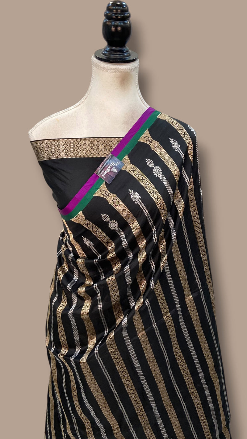 Black Pure Katan Silk Banarasi Handloom Saree - All Over Sona Roopa Stripe