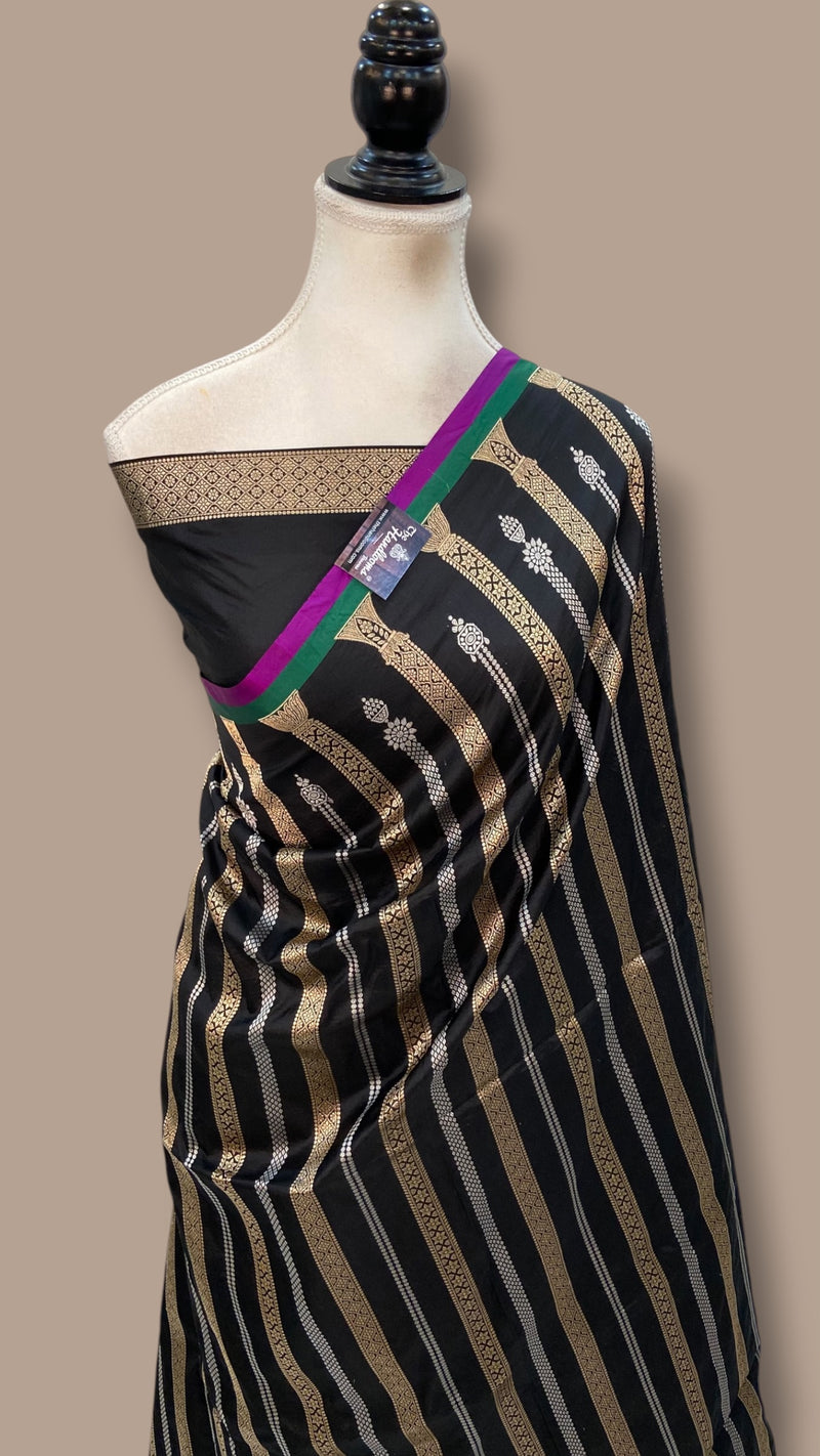 Black Pure Katan Silk Banarasi Handloom Saree - All Over Sona Roopa Stripe