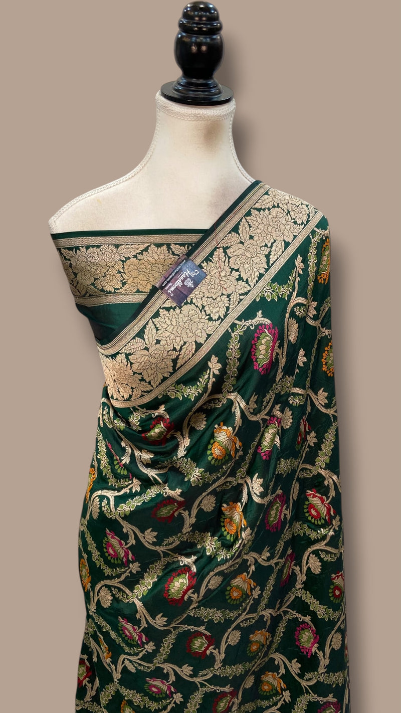 Bottle Green Nita Ambani in Pure Katan Silk Banarasi Handloom Saree - All Over Jaal Work With Meenakari