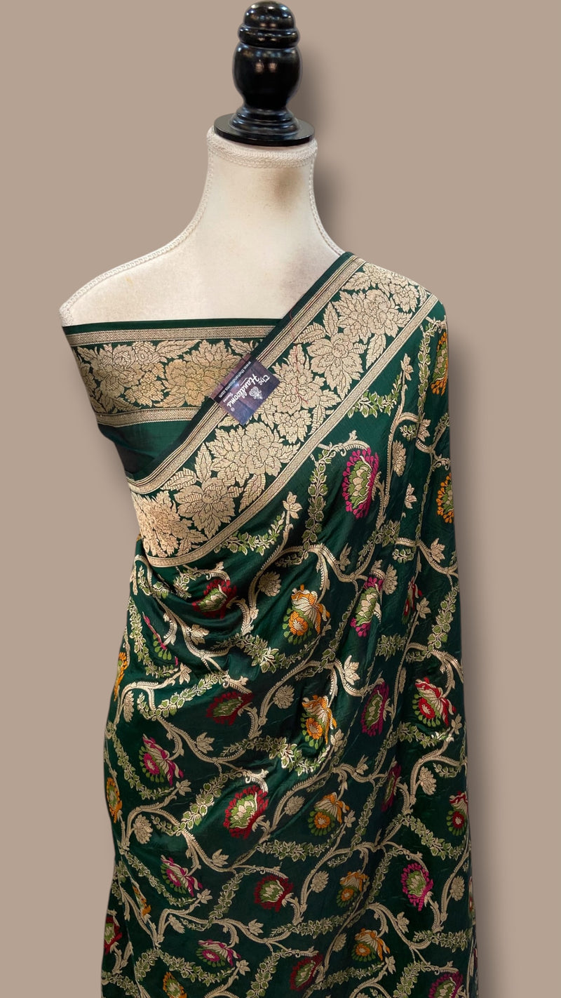 Bottle Green Nita Ambani in Pure Katan Silk Banarasi Handloom Saree - All Over Jaal Work With Meenakari