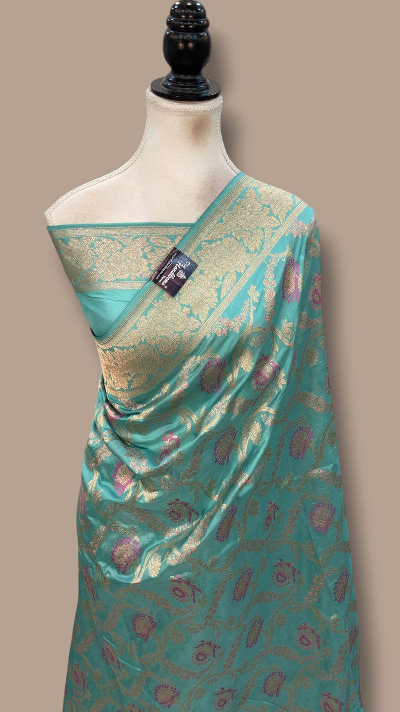 Turquoise Green Nita Ambani in Pure Katan Silk Banarasi Handloom Saree - All Over Jaal Work With Meenakari