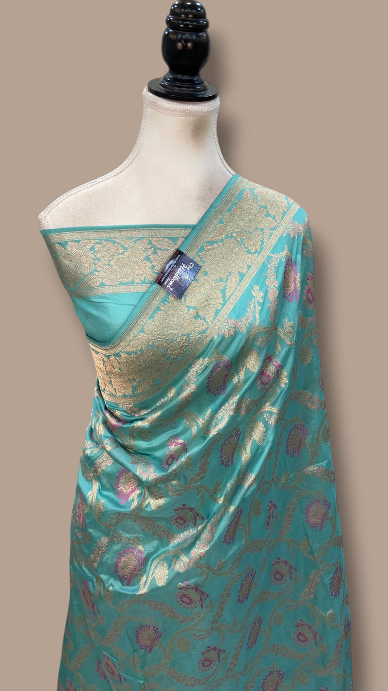 Turquoise Green Nita Ambani in Pure Katan Silk Banarasi Handloom Saree - All Over Jaal Work With Meenakari