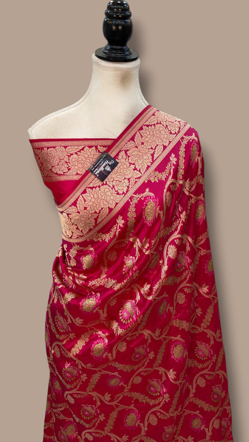 Hot Pink Nita Ambani in Pure Katan Silk Banarasi Handloom Saree - All Over Jaal Work With Meenakari