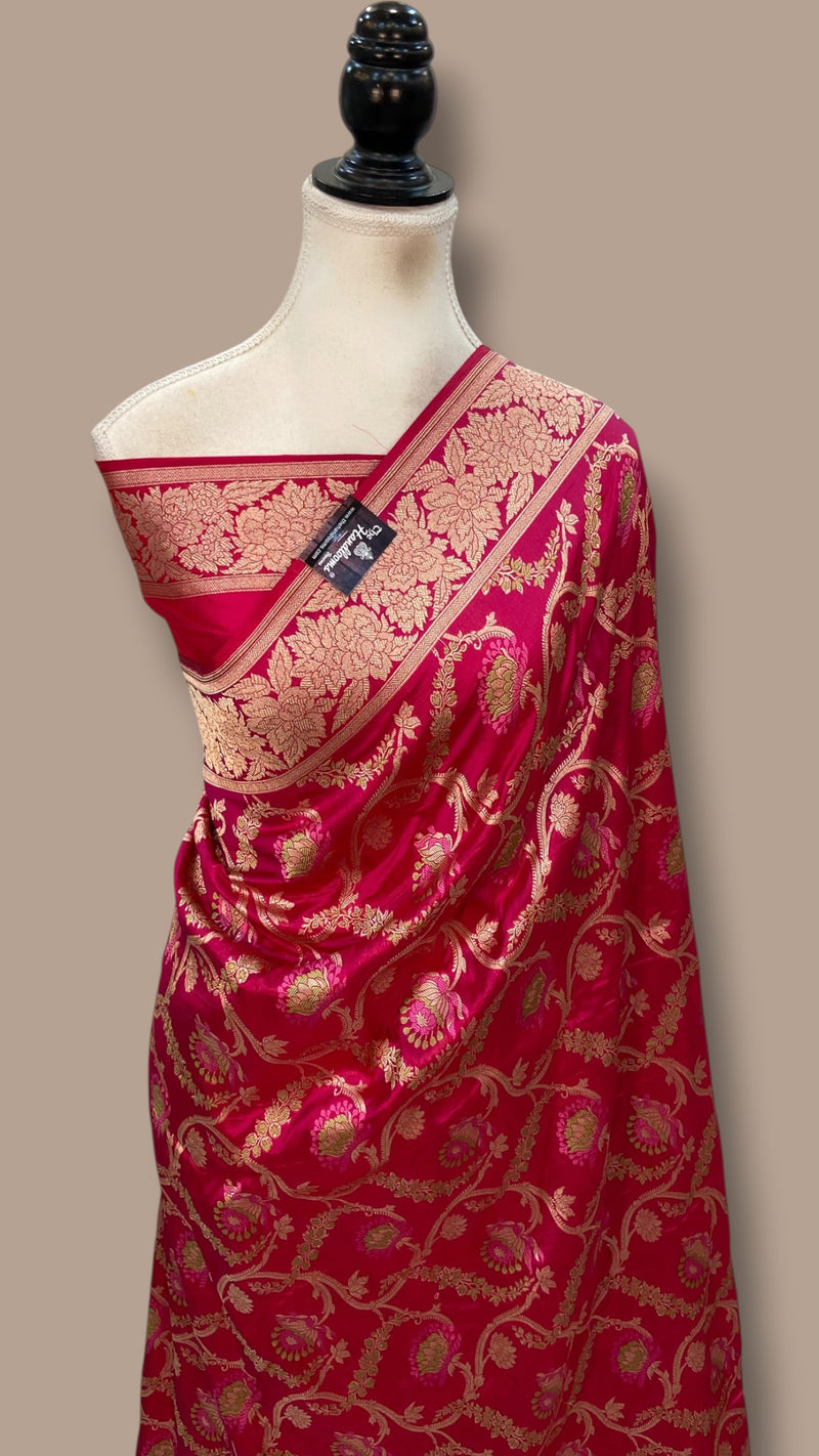 Hot Pink Nita Ambani in Pure Katan Silk Banarasi Handloom Saree - All Over Jaal Work With Meenakari