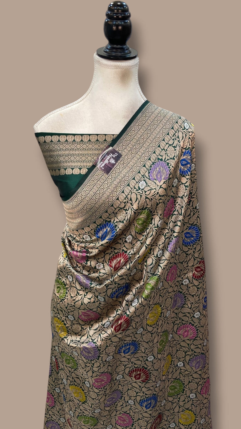 Bottle Green Regal Pure Katan Silk Banarasi Saree – Handwoven Tanchui Brocade With Meenakari