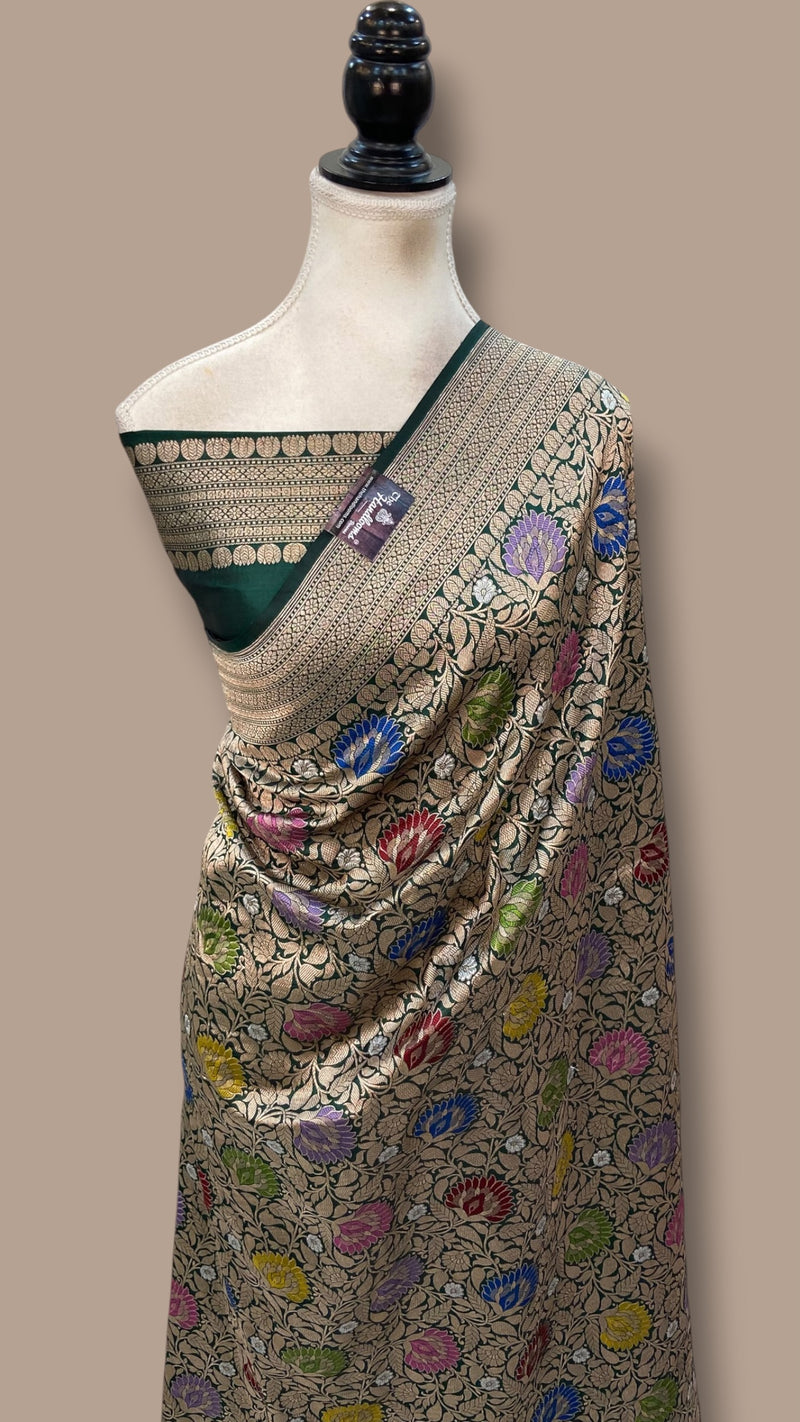 Bottle Green Regal Pure Katan Silk Banarasi Saree – Handwoven Tanchui Brocade With Meenakari