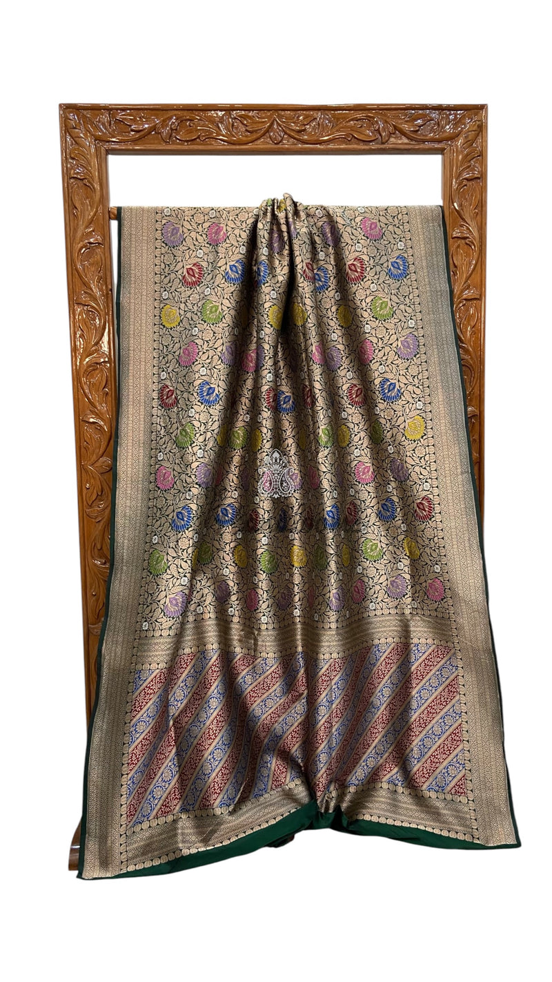Bottle Green Regal Pure Katan Silk Banarasi Saree – Handwoven Tanchui Brocade With Meenakari