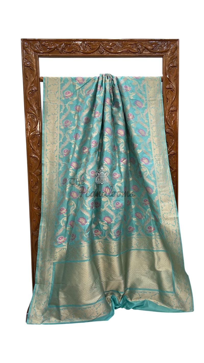 Turquoise Green Nita Ambani in Pure Katan Silk Banarasi Handloom Saree - All Over Jaal Work With Meenakari