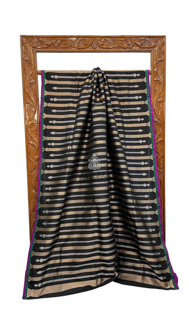 Black Pure Katan Silk Banarasi Handloom Saree - All Over Sona Roopa Stripe