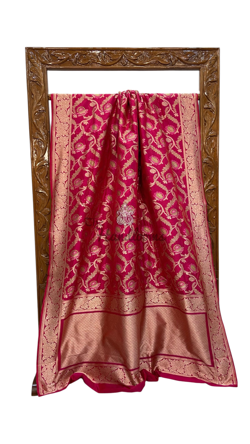 Hot Pink Nita Ambani in Pure Katan Silk Banarasi Handloom Saree - All Over Jaal Work With Meenakari