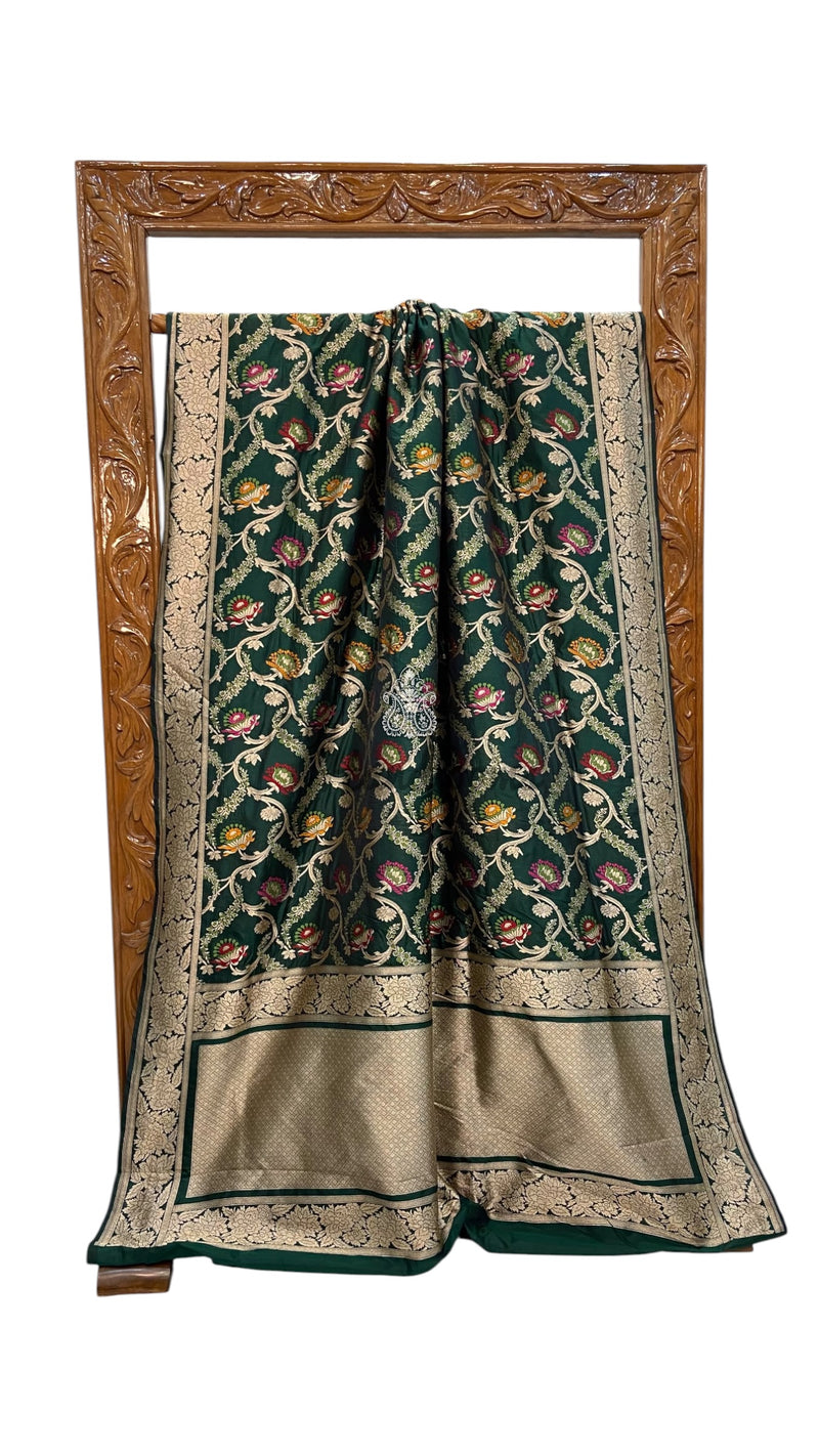 Bottle Green Nita Ambani in Pure Katan Silk Banarasi Handloom Saree - All Over Jaal Work With Meenakari