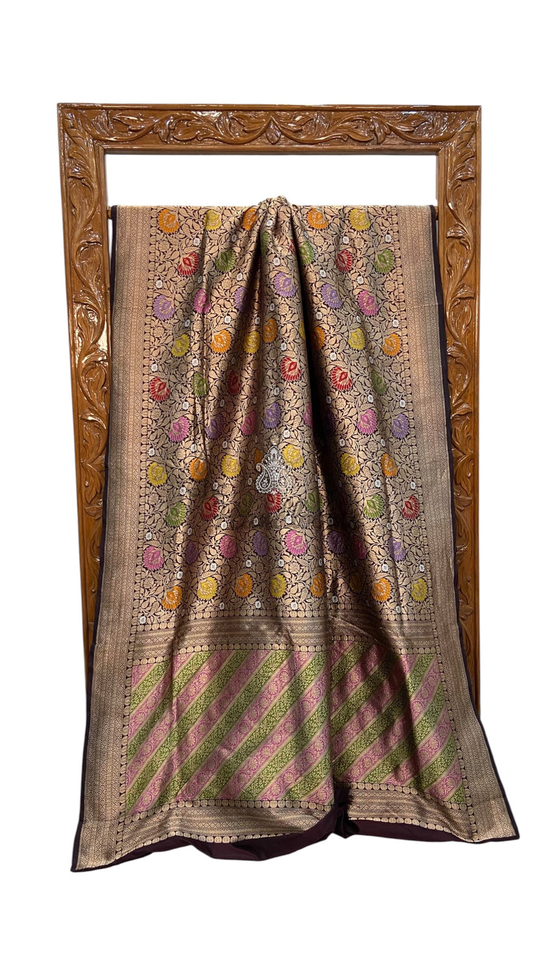 Coffee Bean Regal Pure Katan Silk Banarasi Saree – Handwoven Tanchui Brocade With Meenakari