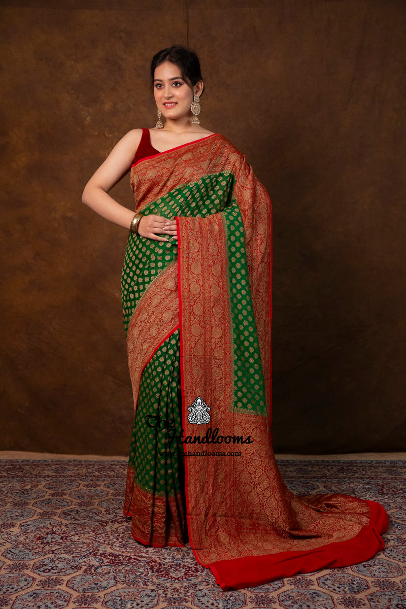 Green Pure Khaddi Georgette Handloom Banarasi Saree - Antique Zari