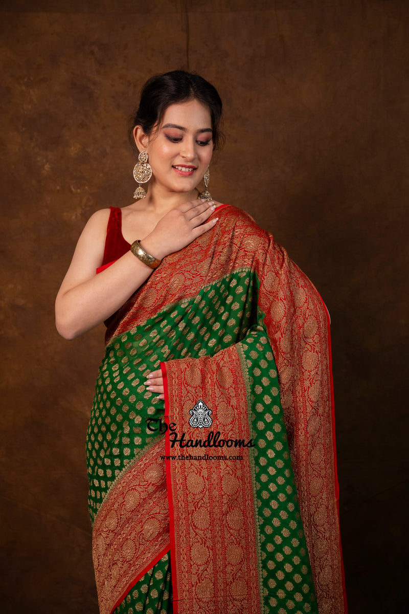 Green Pure Khaddi Georgette Handloom Banarasi Saree - Antique Zari