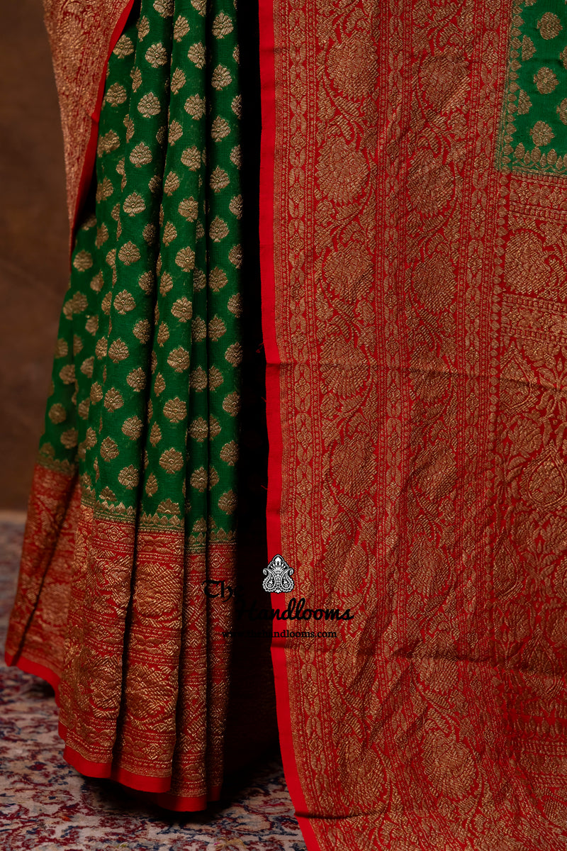 Green Pure Khaddi Georgette Handloom Banarasi Saree - Antique Zari