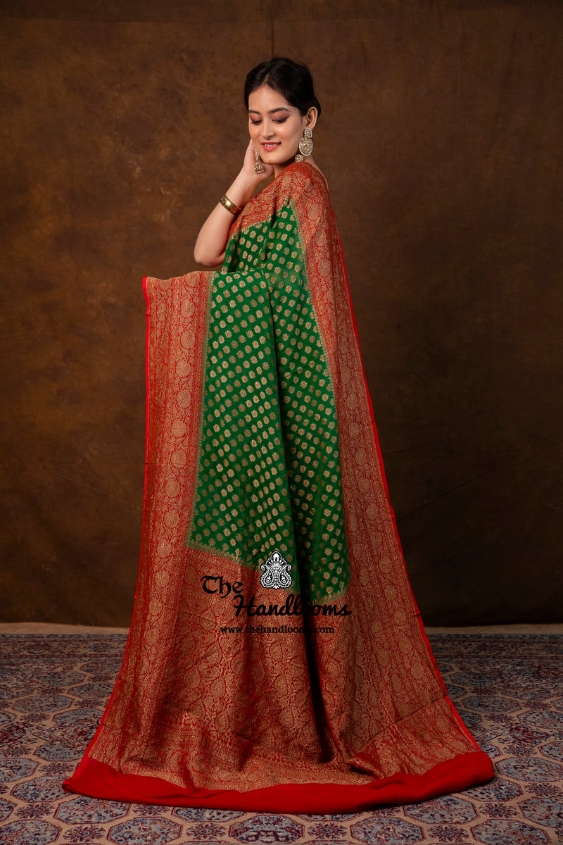 Green Pure Khaddi Georgette Handloom Banarasi Saree - Antique Zari