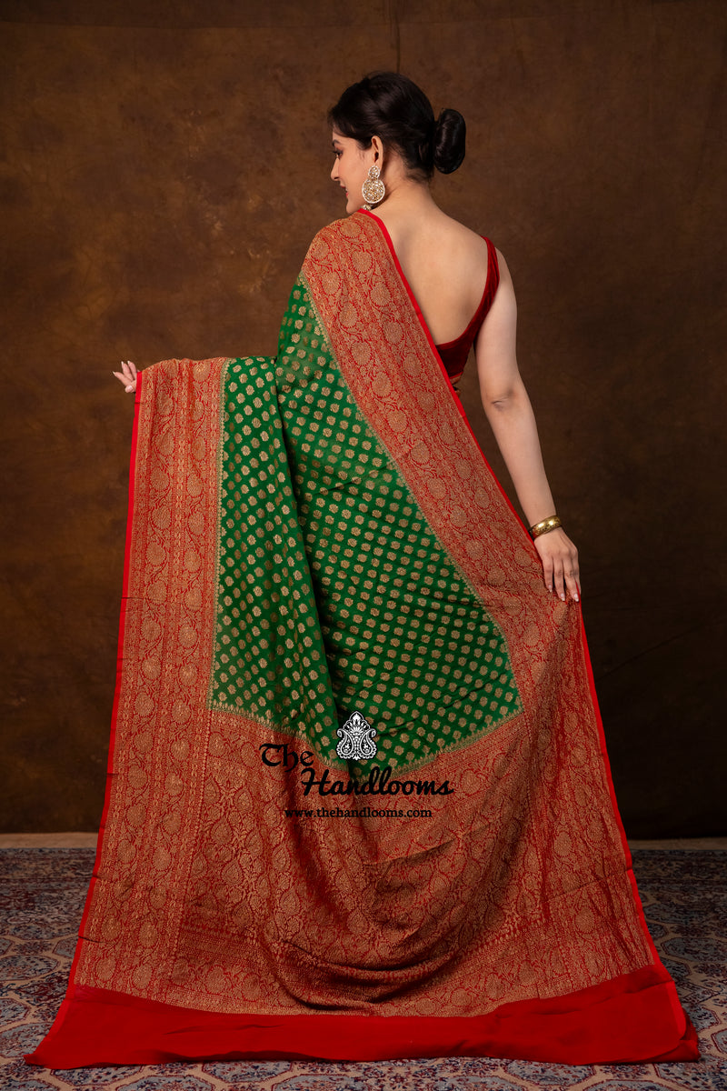 Green Pure Khaddi Georgette Handloom Banarasi Saree - Antique Zari