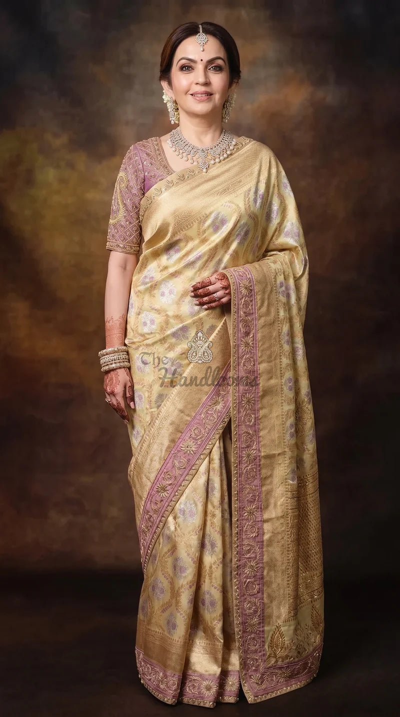 Nita Ambani Pure Katan Silk Banarasi Handloom Saree - All over Jaal work - With Meenakari