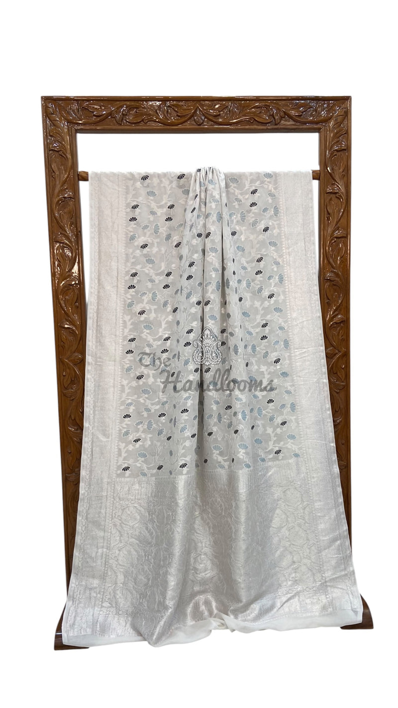 Pure Khaddi Georgette Handloom Banarasi Saree - All Over Jaal Work With Meenakari
