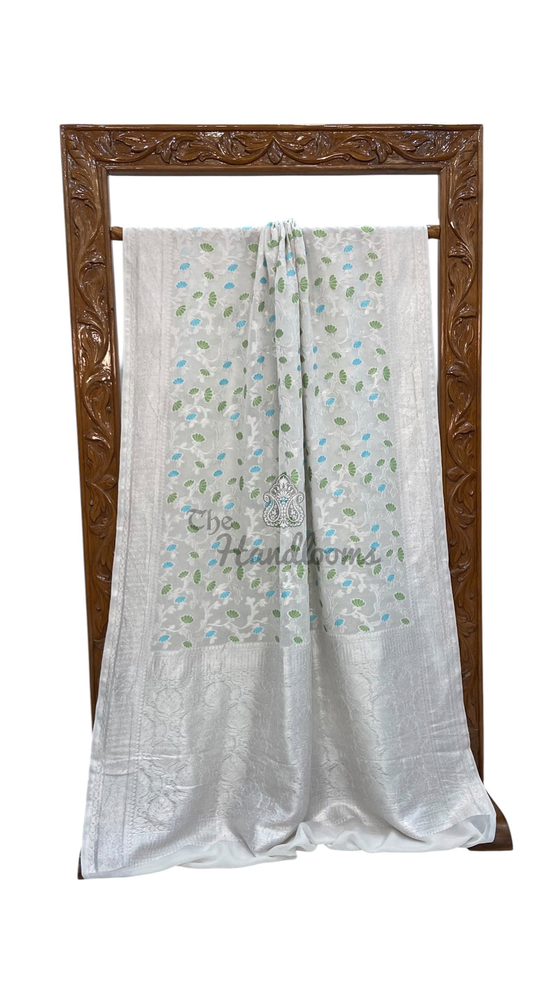 Pure Khaddi Georgette Handloom Banarasi Saree - All Over Jaal Work With Meenakari