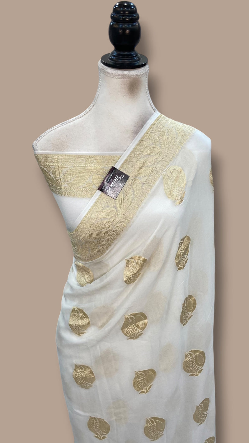 White Khaddi Georgette Handloom Banarasi Saree