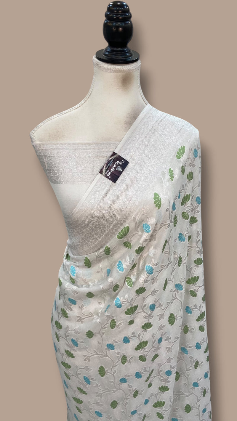Pure Khaddi Georgette Handloom Banarasi Saree - All Over Jaal Work With Meenakari