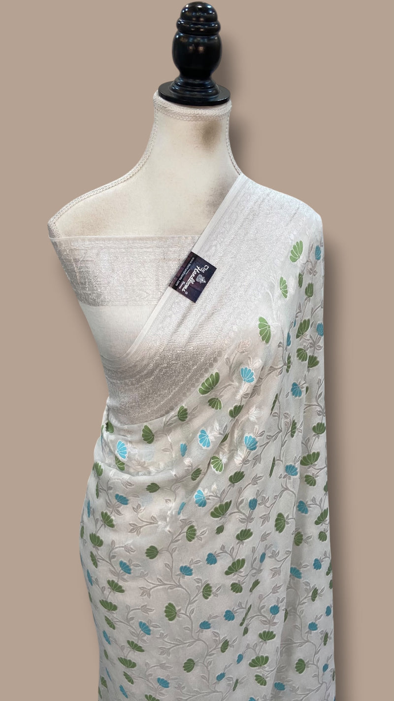 Pure Khaddi Georgette Handloom Banarasi Saree - All Over Jaal Work With Meenakari