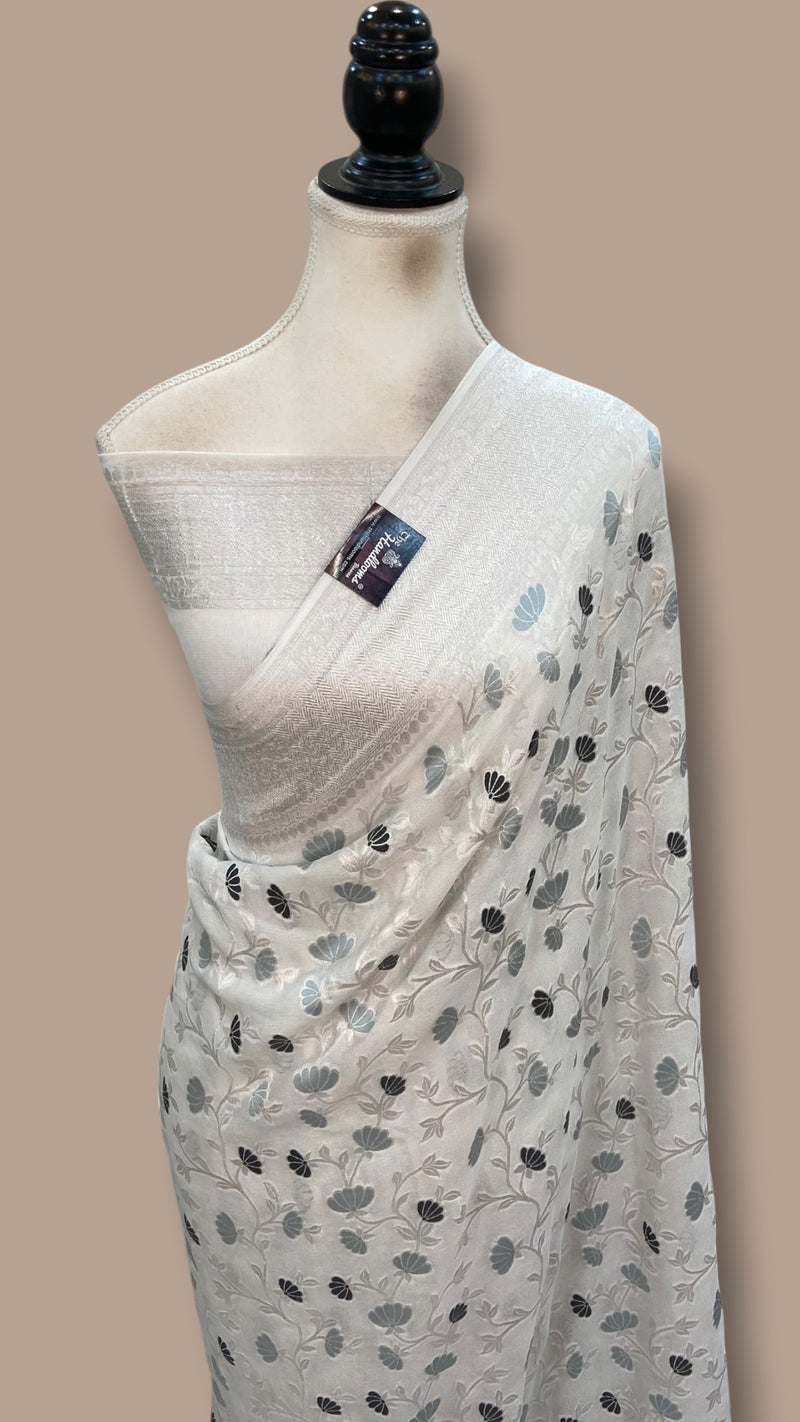 Pure Khaddi Georgette Handloom Banarasi Saree - All Over Jaal Work With Meenakari