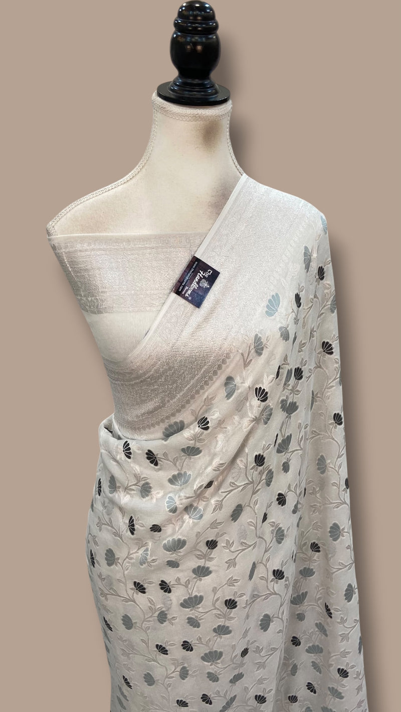 Pure Khaddi Georgette Handloom Banarasi Saree - All Over Jaal Work With Meenakari