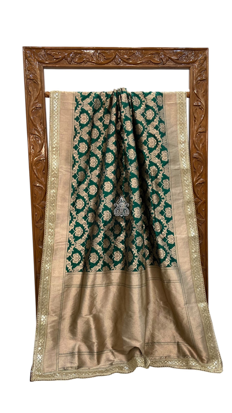 Dark Green Pure Katan Silk Banarasi Handloom Saree - Lace Work