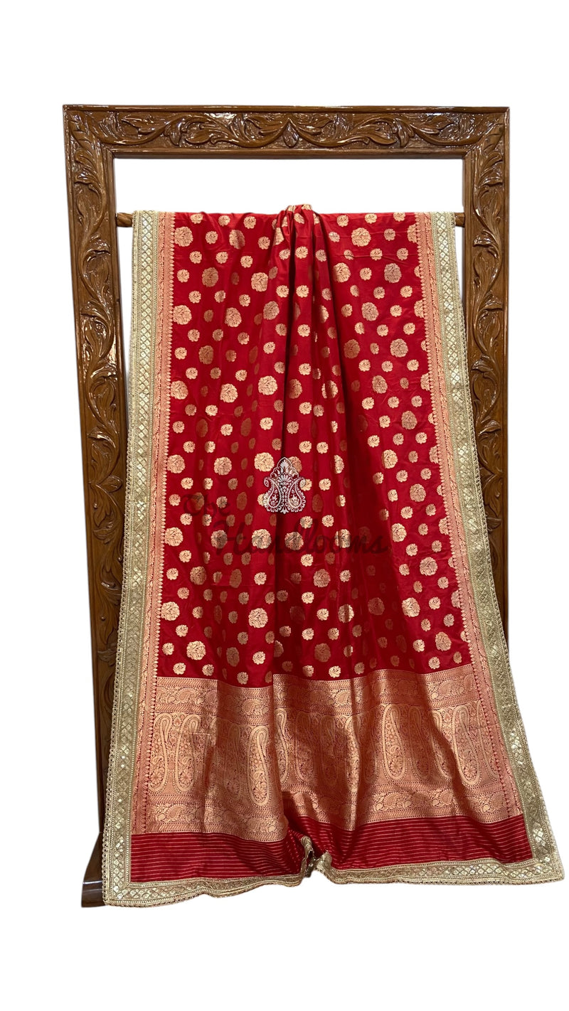 Red Pure Katan Silk Banarasi Handloom Saree - Lace Work