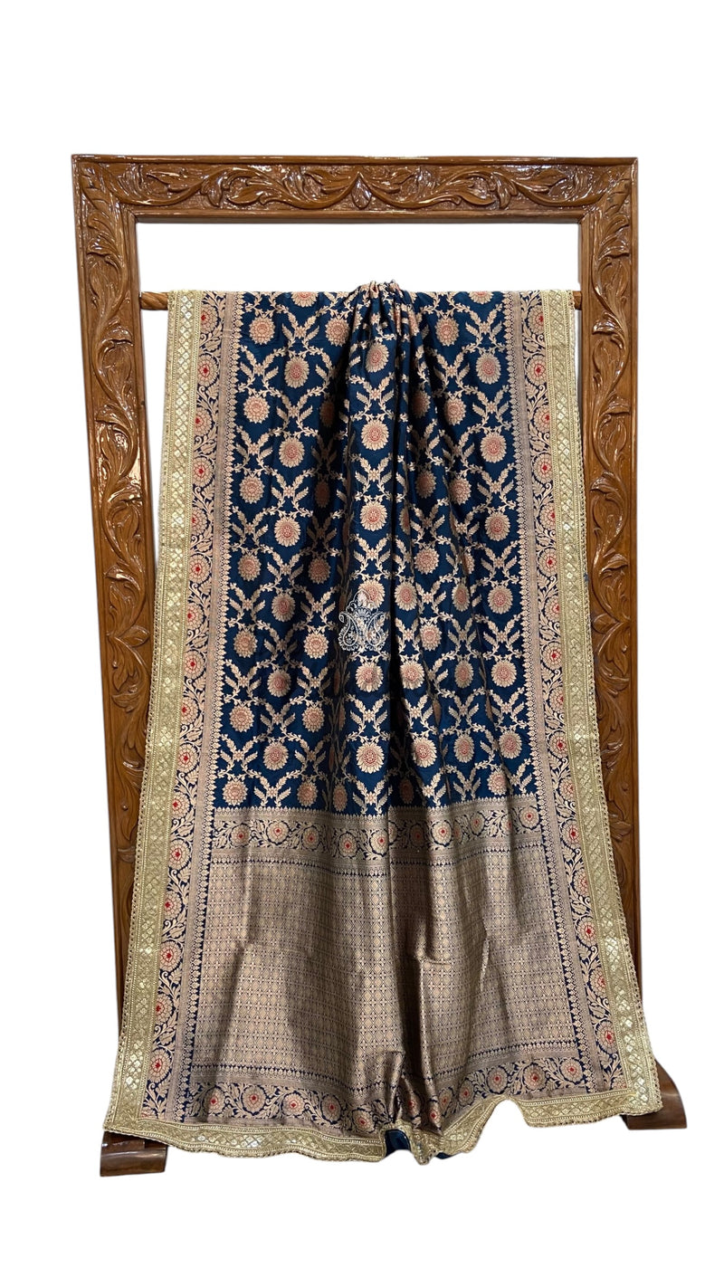 German Blue Pure Katan Silk Banarasi Handloom Saree - Lace Work