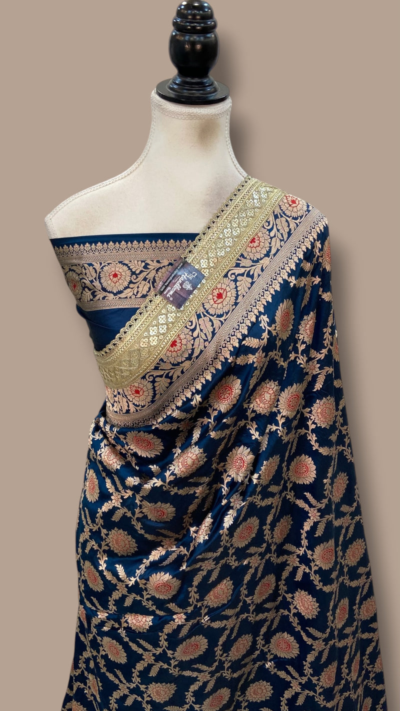 German Blue Pure Katan Silk Banarasi Handloom Saree - Lace Work