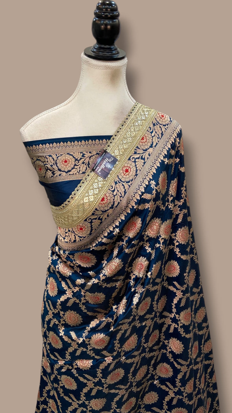 German Blue Pure Katan Silk Banarasi Handloom Saree - Lace Work