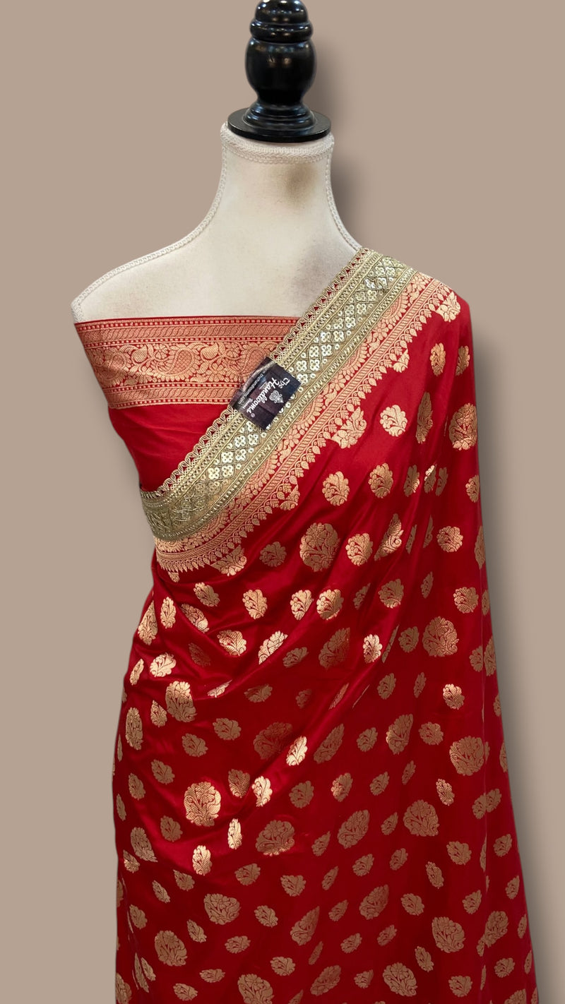 Red Pure Katan Silk Banarasi Handloom Saree - Lace Work