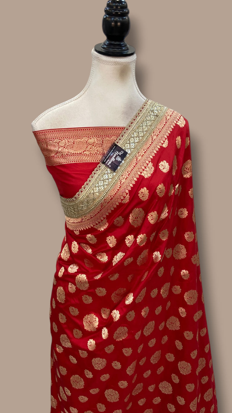 Red Pure Katan Silk Banarasi Handloom Saree - Lace Work