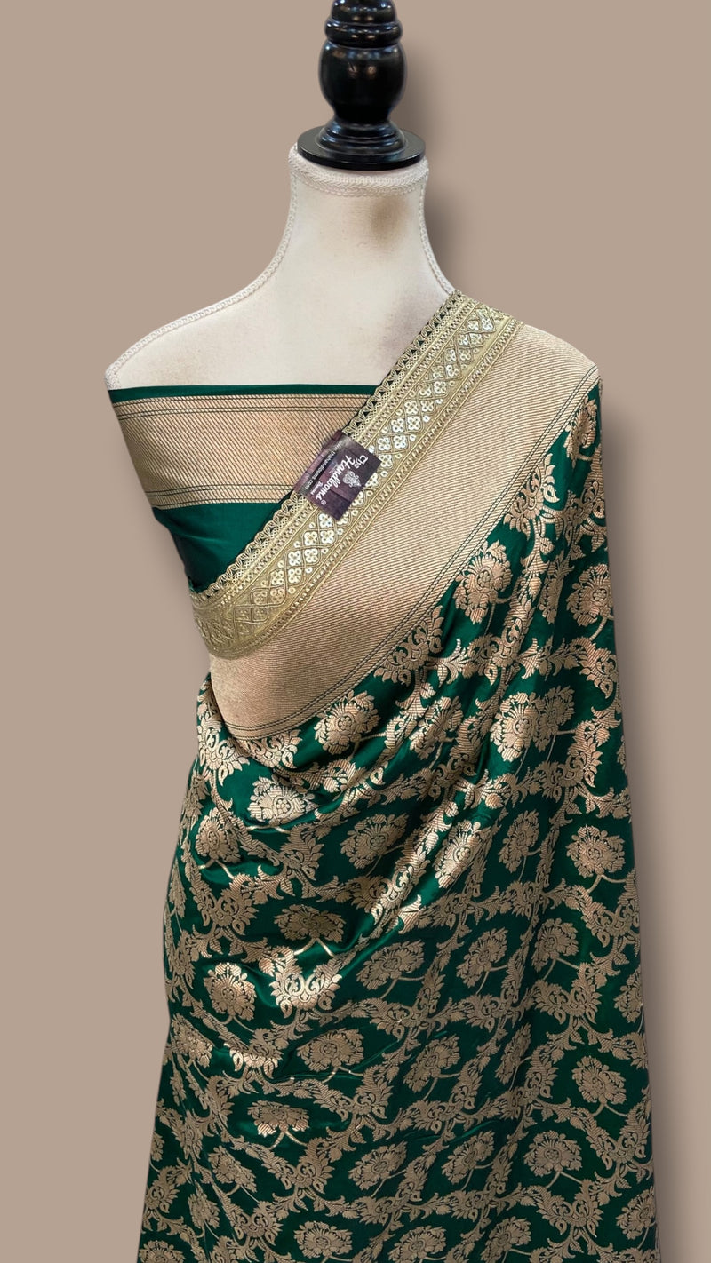 Dark Green Pure Katan Silk Banarasi Handloom Saree - Lace Work