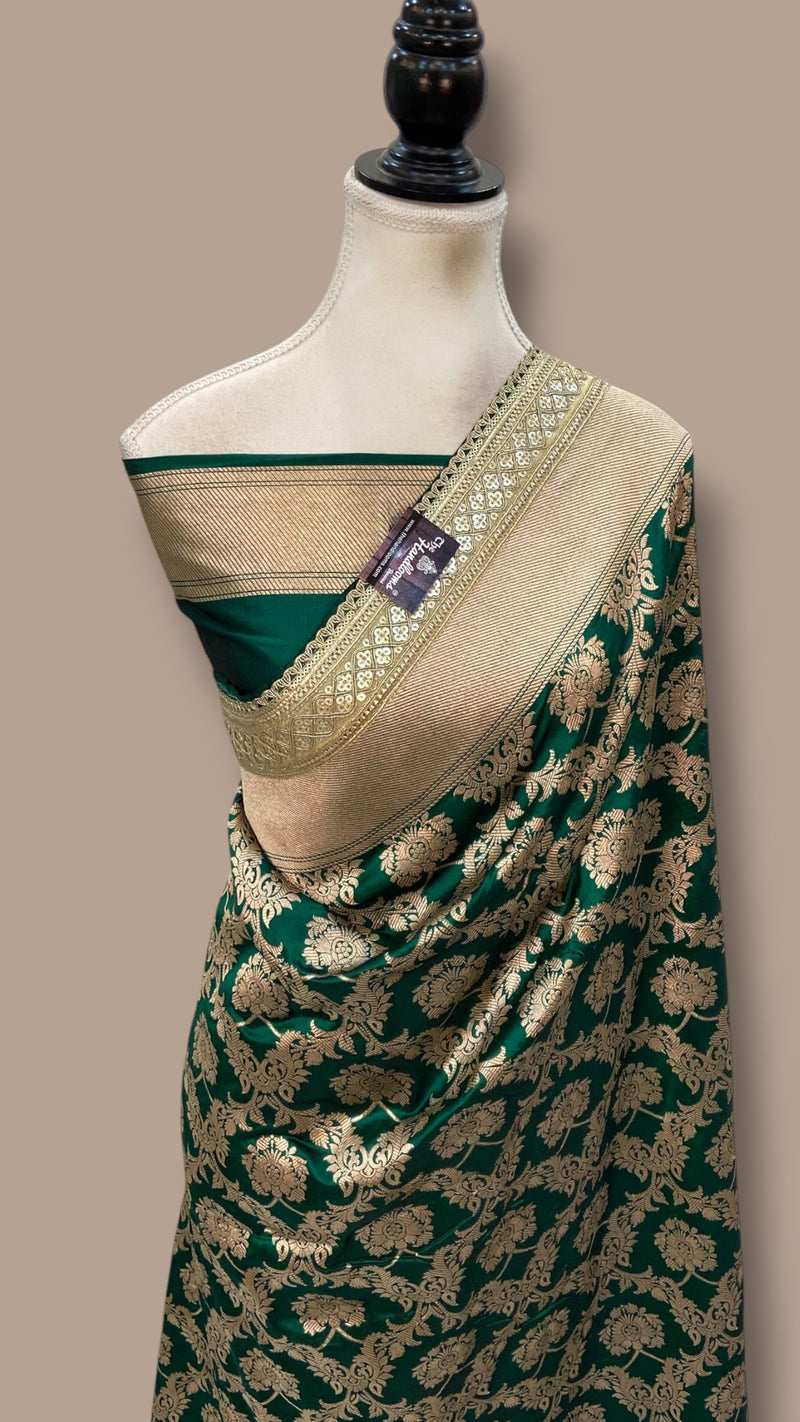 Dark Green Pure Katan Silk Banarasi Handloom Saree - Lace Work