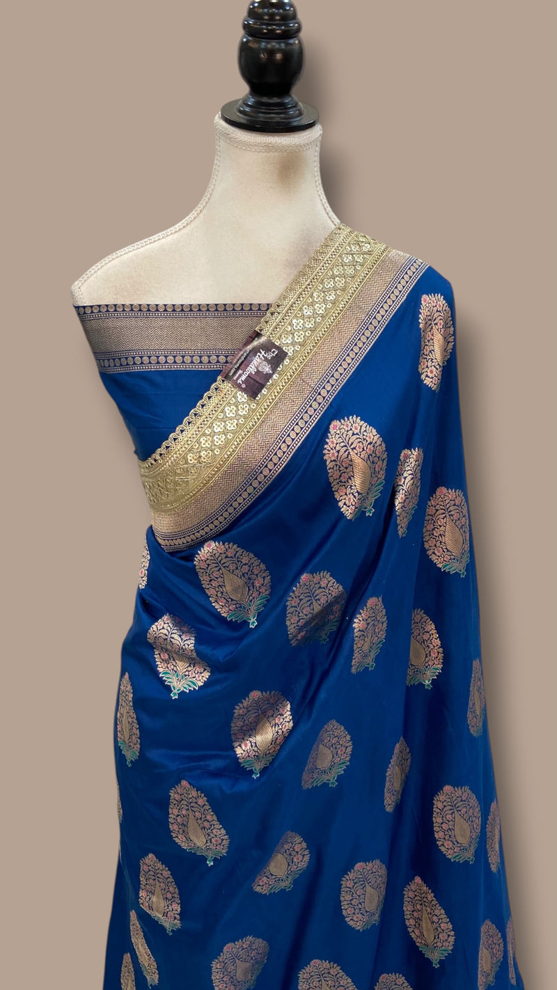 German Blue Pure Katan Silk Banarasi Handloom Saree - Lace Work