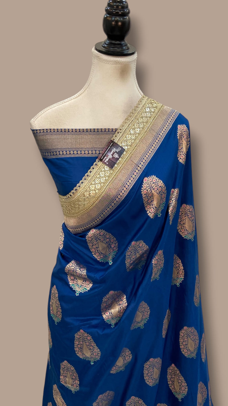 German Blue Pure Katan Silk Banarasi Handloom Saree - Lace Work