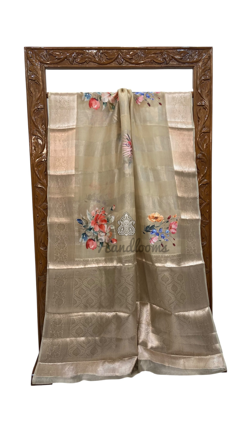 Pure Kora Tissue Silk Handloom Banarasi Saree - Print