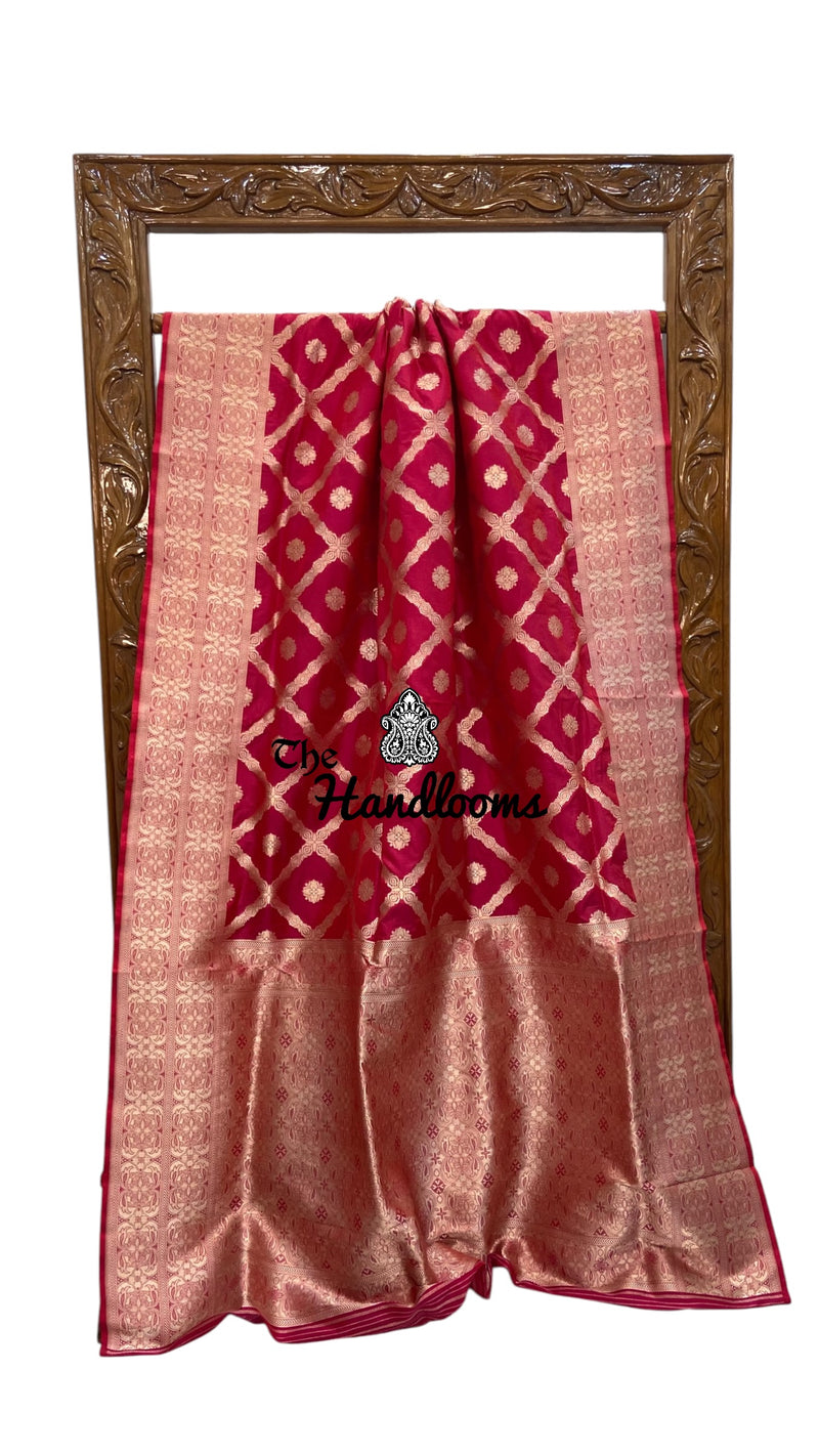 Hot Pink Pure Katan Silk Banarasi Handloom Saree - All Over Gold Zari Jaal Work