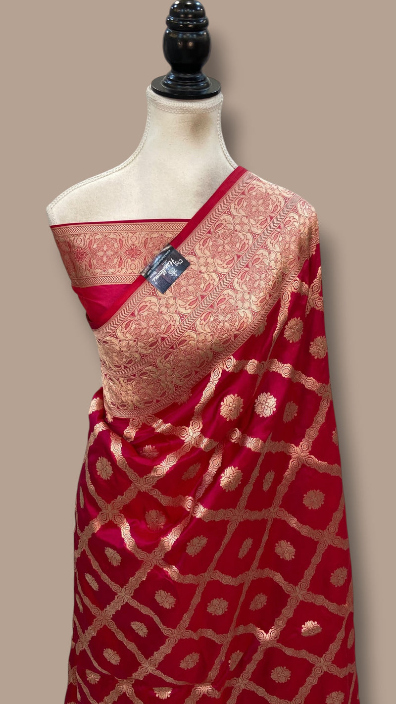 Hot Pink Pure Katan Silk Banarasi Handloom Saree - All Over Gold Zari Jaal Work